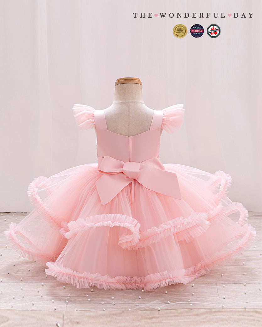 Cute Flutter Sleeve Sequin Tiered Ruffle Tulle Princess Dress
