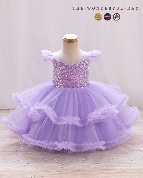 Cute Flutter Sleeve Sequin Tiered Ruffle Tulle Princess Dress