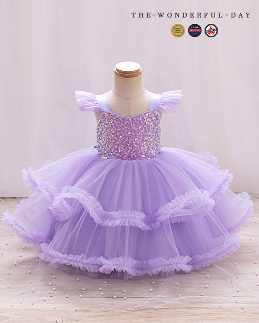 Cute Flutter Sleeve Sequin Tiered Ruffle Tulle Princess Dress