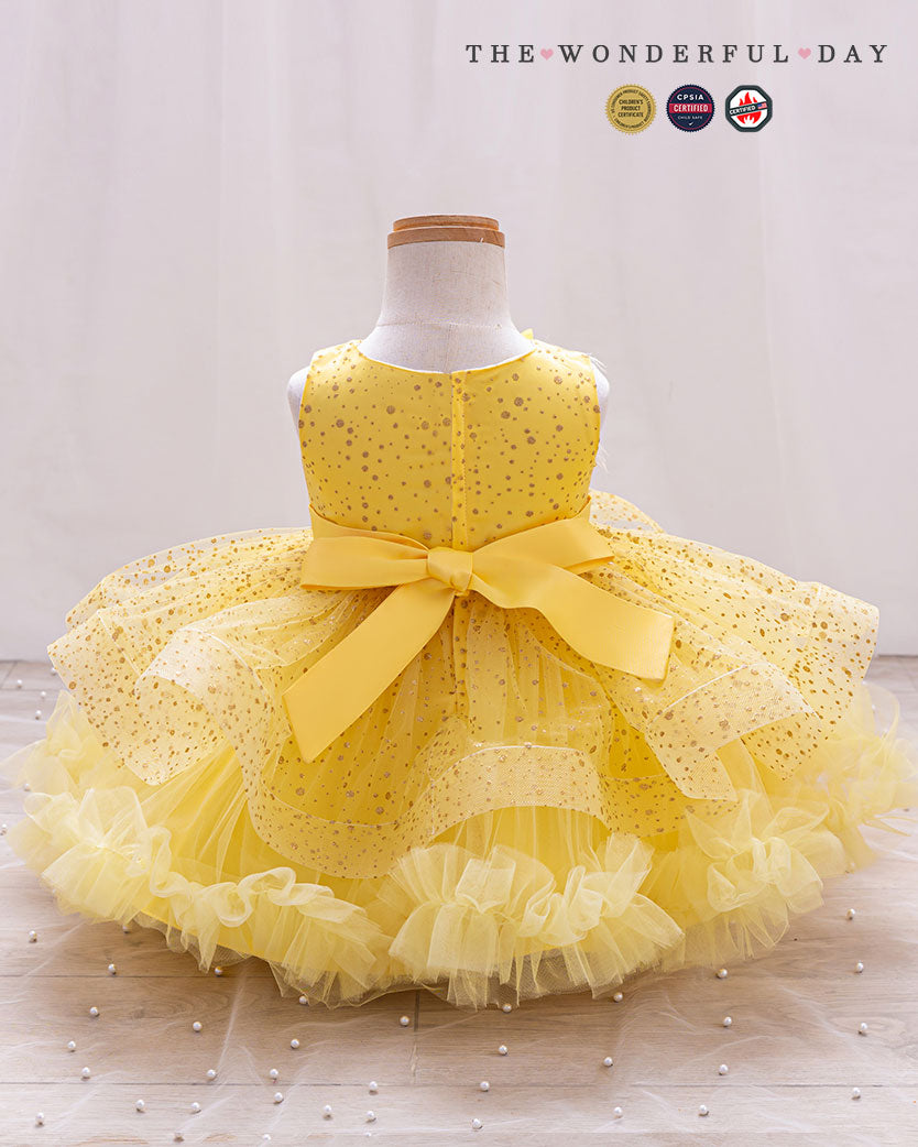 Girls Sleeveless Gold Speck 3D Flower Layer Tutu Dress