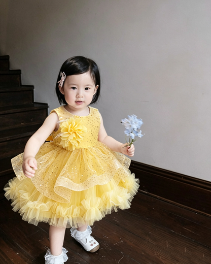 Girls Sleeveless Gold Speck 3D Flower Layer Tutu Dress