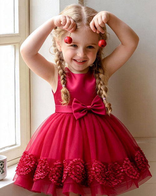 Classic Sleeveless Satin Princess Dress with Bow and Floral Hem Details