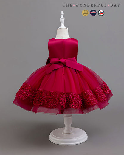 Classic Sleeveless Satin Princess Dress with Bow and Floral Hem Details
