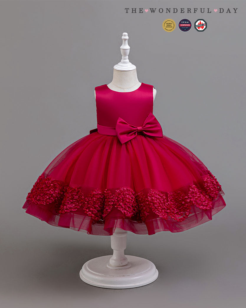 Classic Sleeveless Satin Princess Dress with Bow and Floral Hem Details