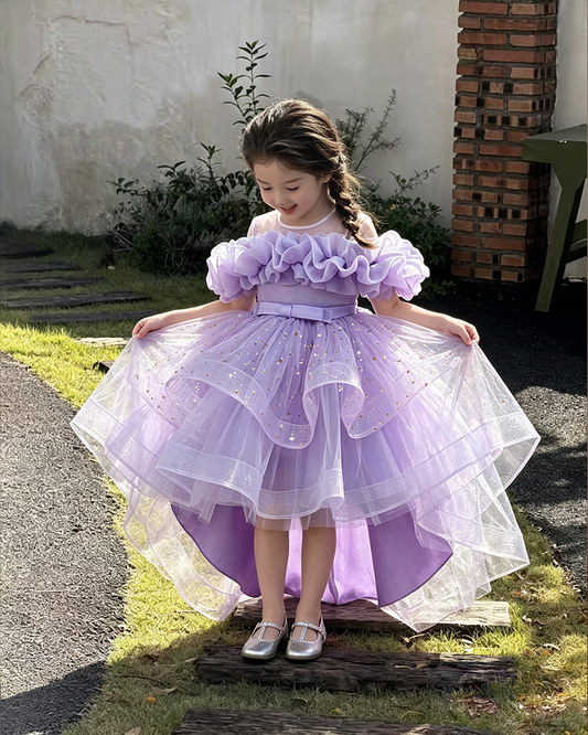 Girls Dreamy Star Print High-Low Tulle Princess Party Dress with Off-Shoulder Ruffles
