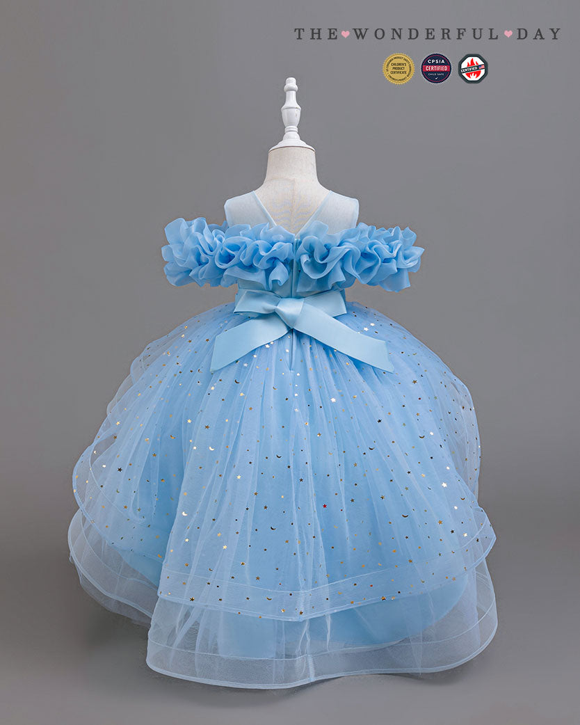 Girls Dreamy Star Print High-Low Tulle Princess Party Dress with Off-Shoulder Ruffles
