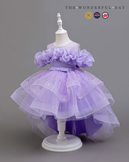 Girls Dreamy Star Print High-Low Tulle Princess Party Dress with Off-Shoulder Ruffles