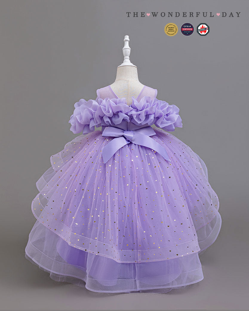 Girls Dreamy Star Print High-Low Tulle Princess Party Dress with Off-Shoulder Ruffles
