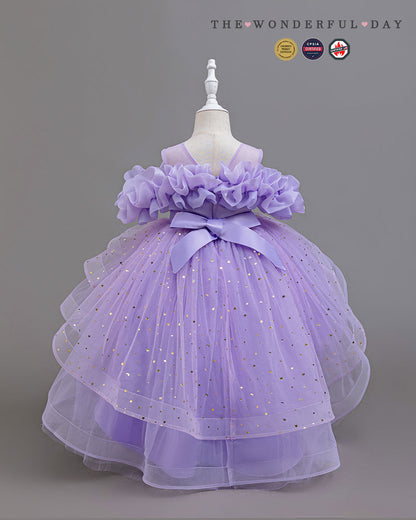 Girls Dreamy Star Print High-Low Tulle Princess Party Dress with Off-Shoulder Ruffles