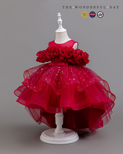Girls Dreamy Star Print High-Low Tulle Princess Party Dress with Off-Shoulder Ruffles