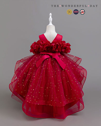 Girls Dreamy Star Print High-Low Tulle Princess Party Dress with Off-Shoulder Ruffles