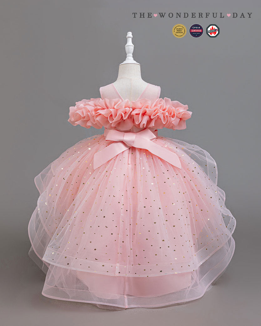 Girls Dreamy Star Print High-Low Tulle Princess Party Dress with Off-Shoulder Ruffles