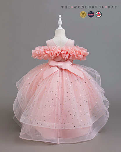 Girls Dreamy Star Print High-Low Tulle Princess Party Dress with Off-Shoulder Ruffles
