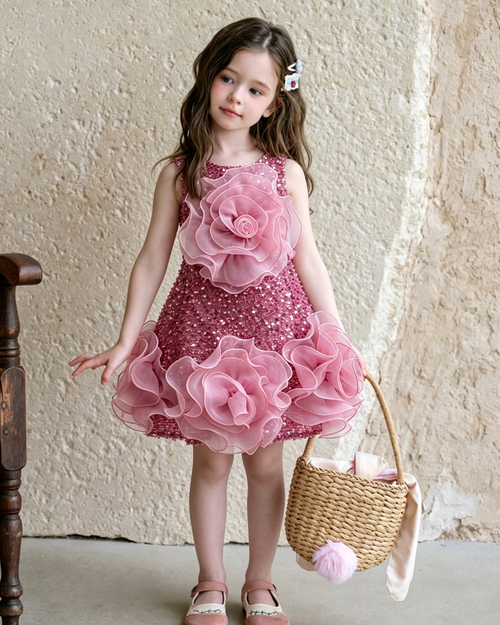 Luxury Sleeveless Sequin 3D Rose Organza Mini Dress