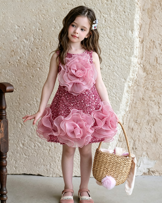 Luxury Sleeveless Sequin 3D Rose Organza Mini Dress