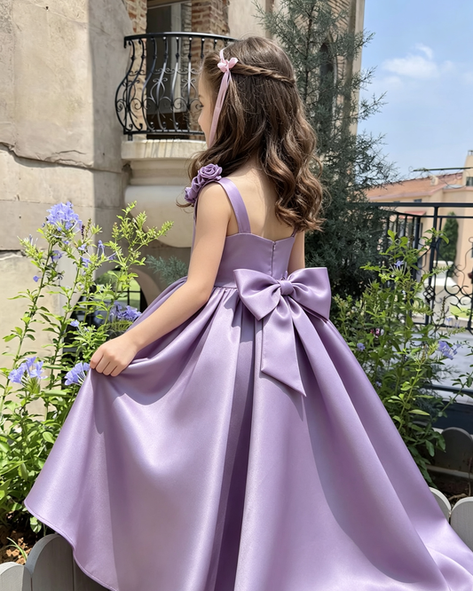 Lavender Satin Single Strap 3D Flower Hi-Low Trailing Dress