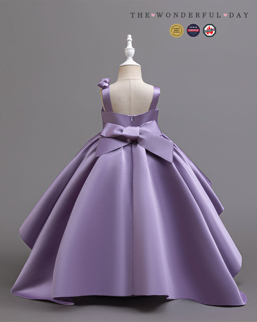 Lavender Satin Single Strap 3D Flower Hi-Low Trailing Dress