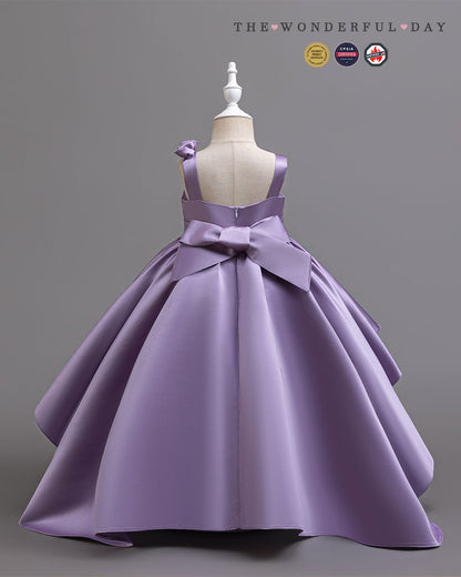 Lavender Satin Single Strap 3D Flower Hi-Low Trailing Dress
