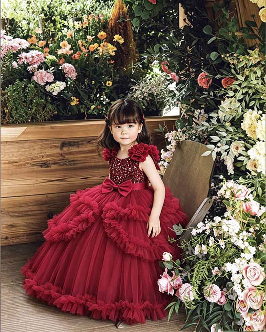 Girls Luxury 3D Flower Long Princess Dress | Short Sleeve Layered Ruffle Party Gown