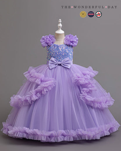 Girls Luxury 3D Flower Long Princess Dress | Short Sleeve Layered Ruffle Party Gown