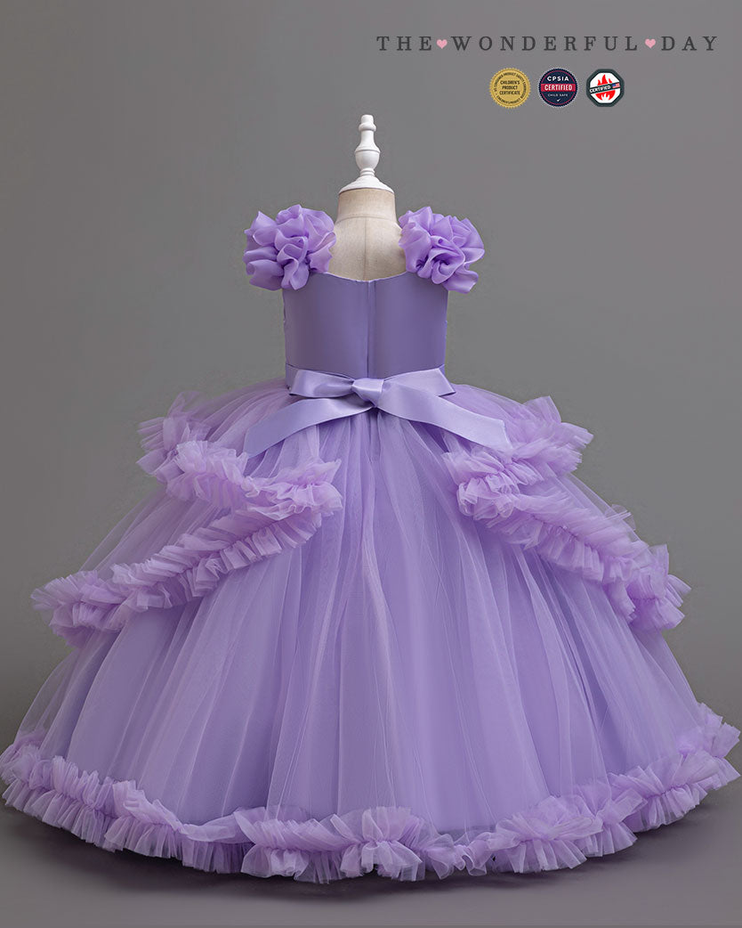 Girls Luxury 3D Flower Long Princess Dress | Short Sleeve Layered Ruffle Party Gown