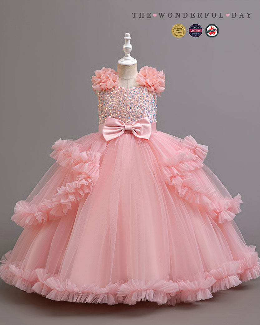 Girls Luxury 3D Flower Long Princess Dress | Short Sleeve Layered Ruffle Party Gown