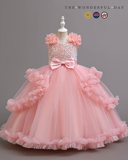 Girls Luxury 3D Flower Long Princess Dress | Short Sleeve Layered Ruffle Party Gown