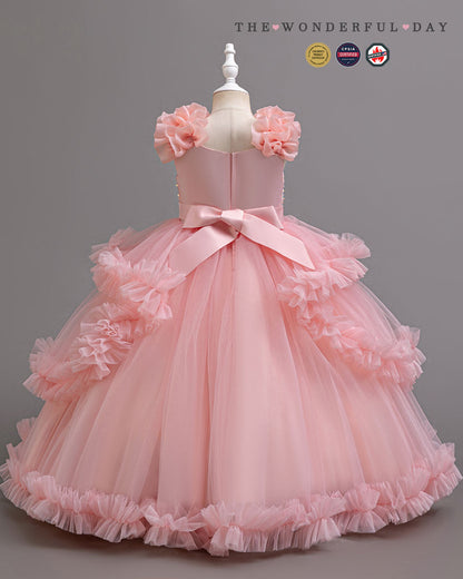 Girls Luxury 3D Flower Long Princess Dress | Short Sleeve Layered Ruffle Party Gown