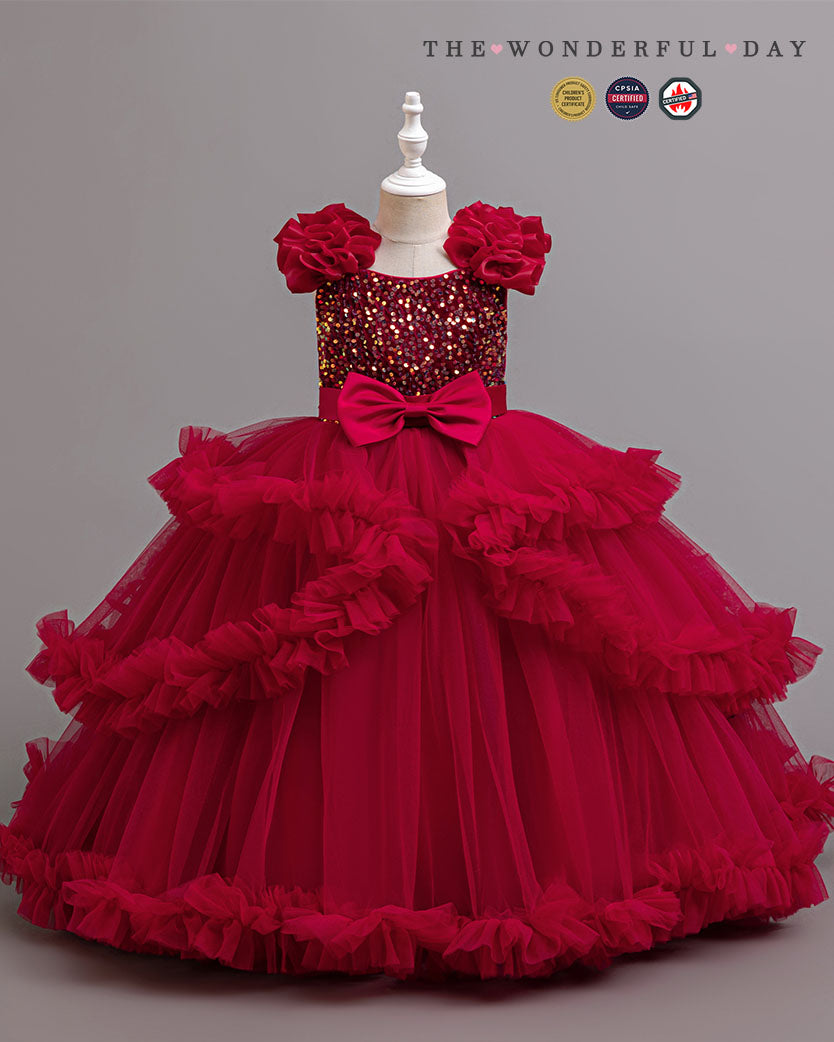 Girls Luxury 3D Flower Long Princess Dress | Short Sleeve Layered Ruffle Party Gown