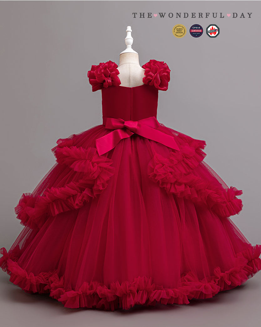 Girls Luxury 3D Flower Long Princess Dress | Short Sleeve Layered Ruffle Party Gown
