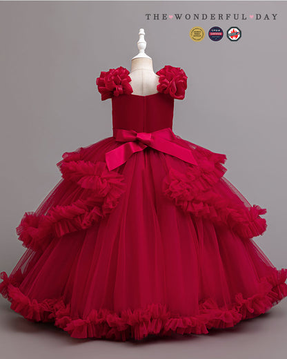 Girls Luxury 3D Flower Long Princess Dress | Short Sleeve Layered Ruffle Party Gown