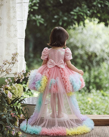 Rainbow Puff Sleeve Princess Tulle Dress with Train