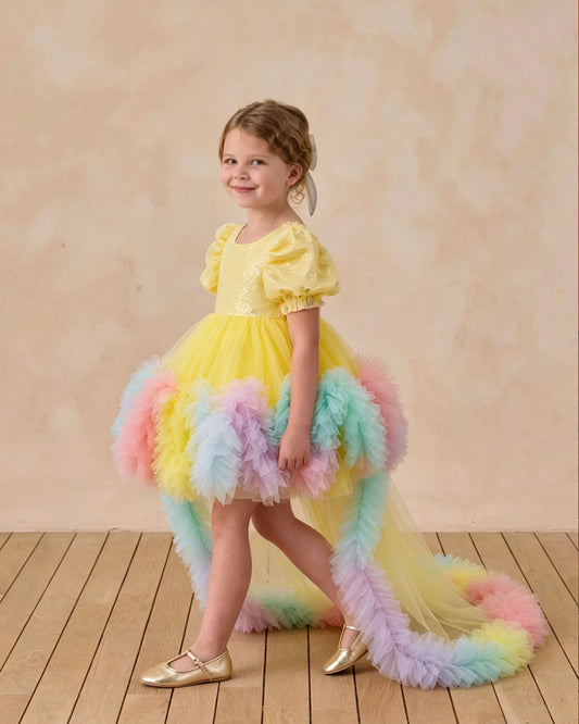 Rainbow Puff Sleeve Princess Tulle Dress with Train