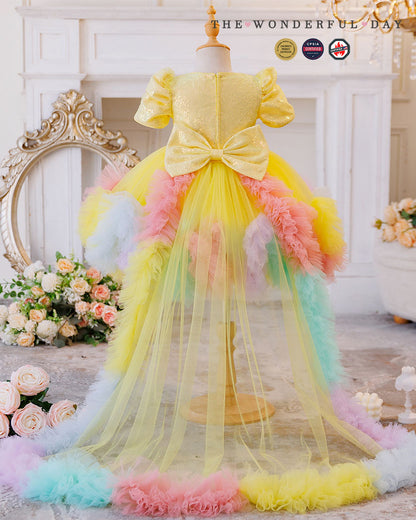 Rainbow Puff Sleeve Princess Tulle Dress with Train