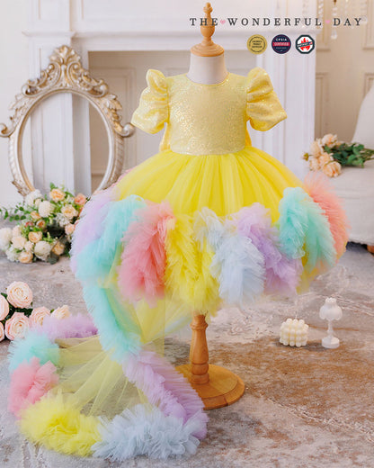 Rainbow Puff Sleeve Princess Tulle Dress with Train