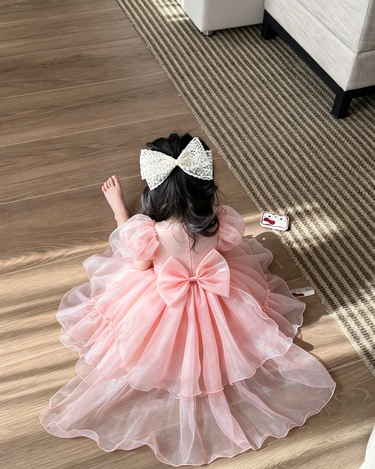 Girls Bubble Sleeve 3D Flower Hi-Low Organza Tutu Dress