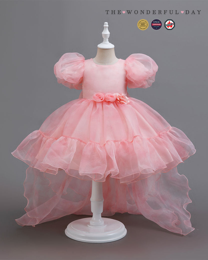 Girls Bubble Sleeve 3D Flower Hi-Low Organza Tutu Dress