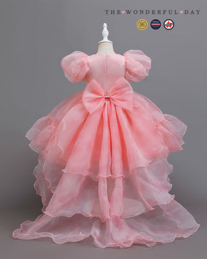 Girls Bubble Sleeve 3D Flower Hi-Low Organza Tutu Dress