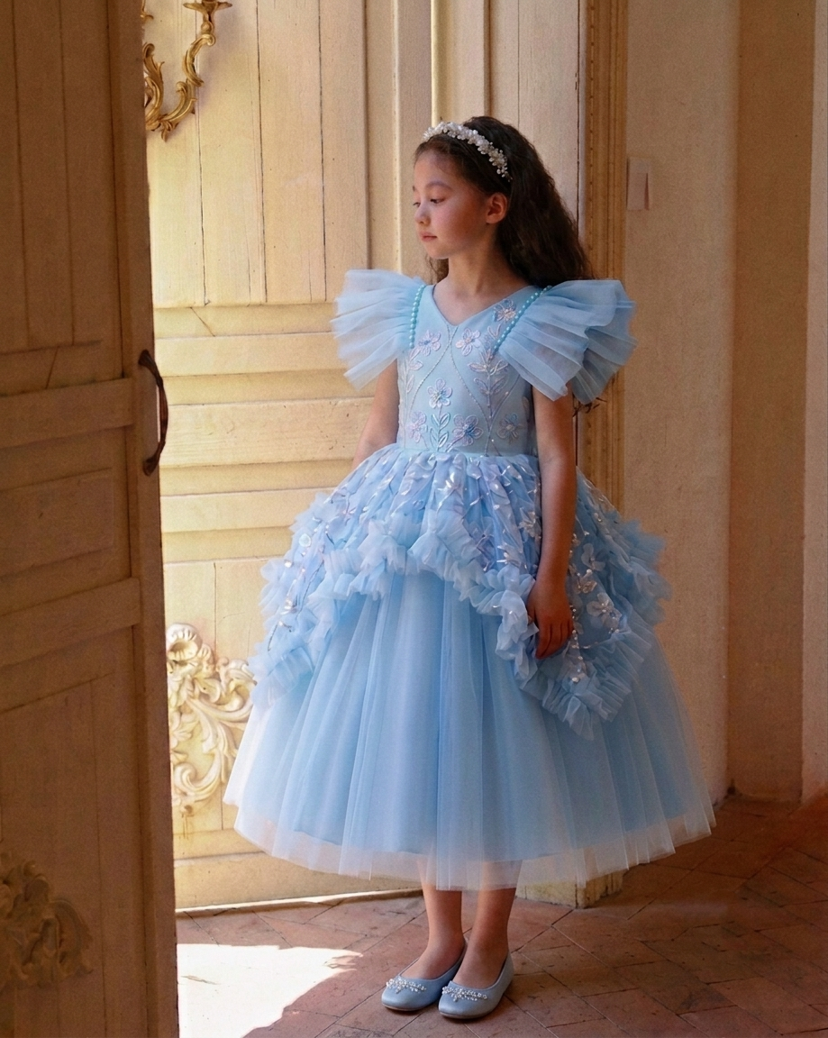 Ice Flower Embroidered Floor-Length Cinderella Evening Gown