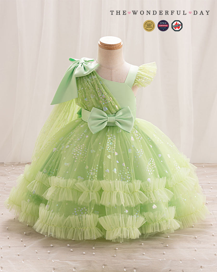 Girls Luxury One-Shoulder Heart Sequin Tulle Princess Party Dress with Layered Ruffles