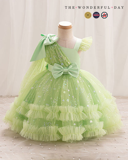 Girls Luxury One-Shoulder Heart Sequin Tulle Princess Party Dress with Layered Ruffles