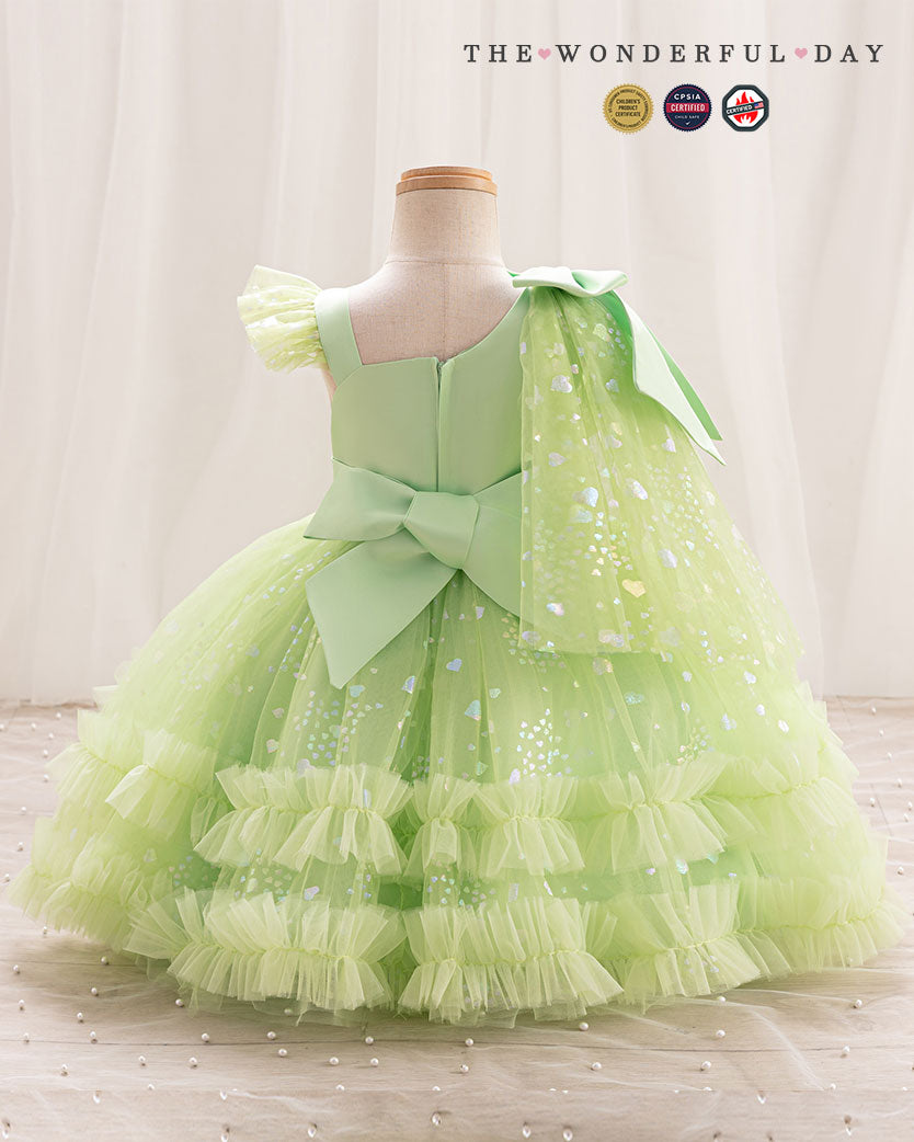 Girls Luxury One-Shoulder Heart Sequin Tulle Princess Party Dress with Layered Ruffles