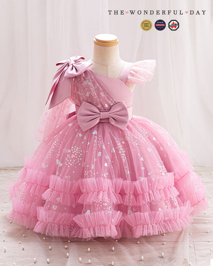Girls Luxury One-Shoulder Heart Sequin Tulle Princess Party Dress with Layered Ruffles