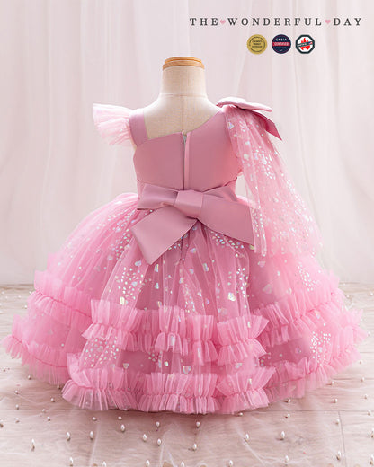Girls Luxury One-Shoulder Heart Sequin Tulle Princess Party Dress with Layered Ruffles