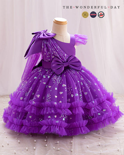 Girls Luxury One-Shoulder Heart Sequin Tulle Princess Party Dress with Layered Ruffles