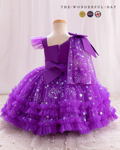 Girls Luxury One-Shoulder Heart Sequin Tulle Princess Party Dress with Layered Ruffles