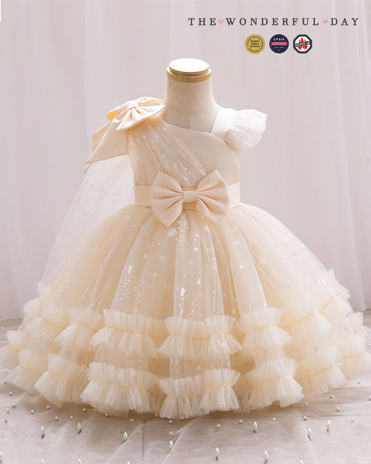 Girls Luxury One-Shoulder Heart Sequin Tulle Princess Party Dress with Layered Ruffles