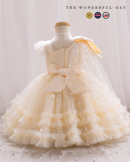 Girls Luxury One-Shoulder Heart Sequin Tulle Princess Party Dress with Layered Ruffles