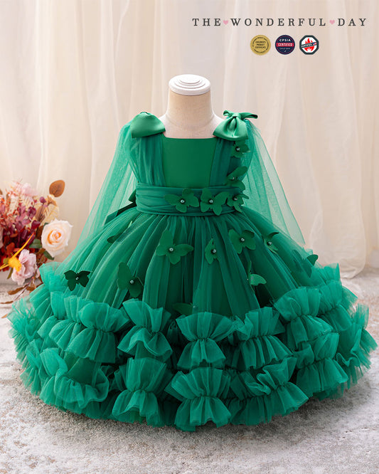 Sleeveless 3D Butterfly Tulle Princess Dress with Bow Shoulder Cape
