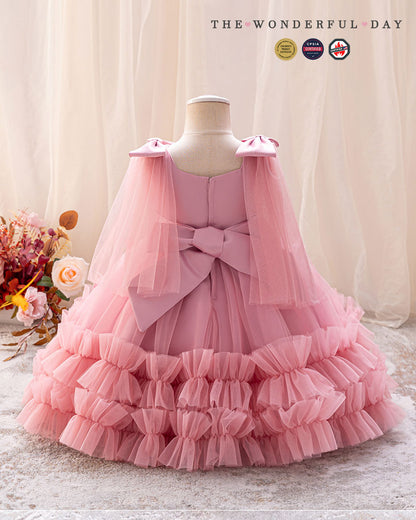 Sleeveless 3D Butterfly Tulle Princess Dress with Bow Shoulder Cape